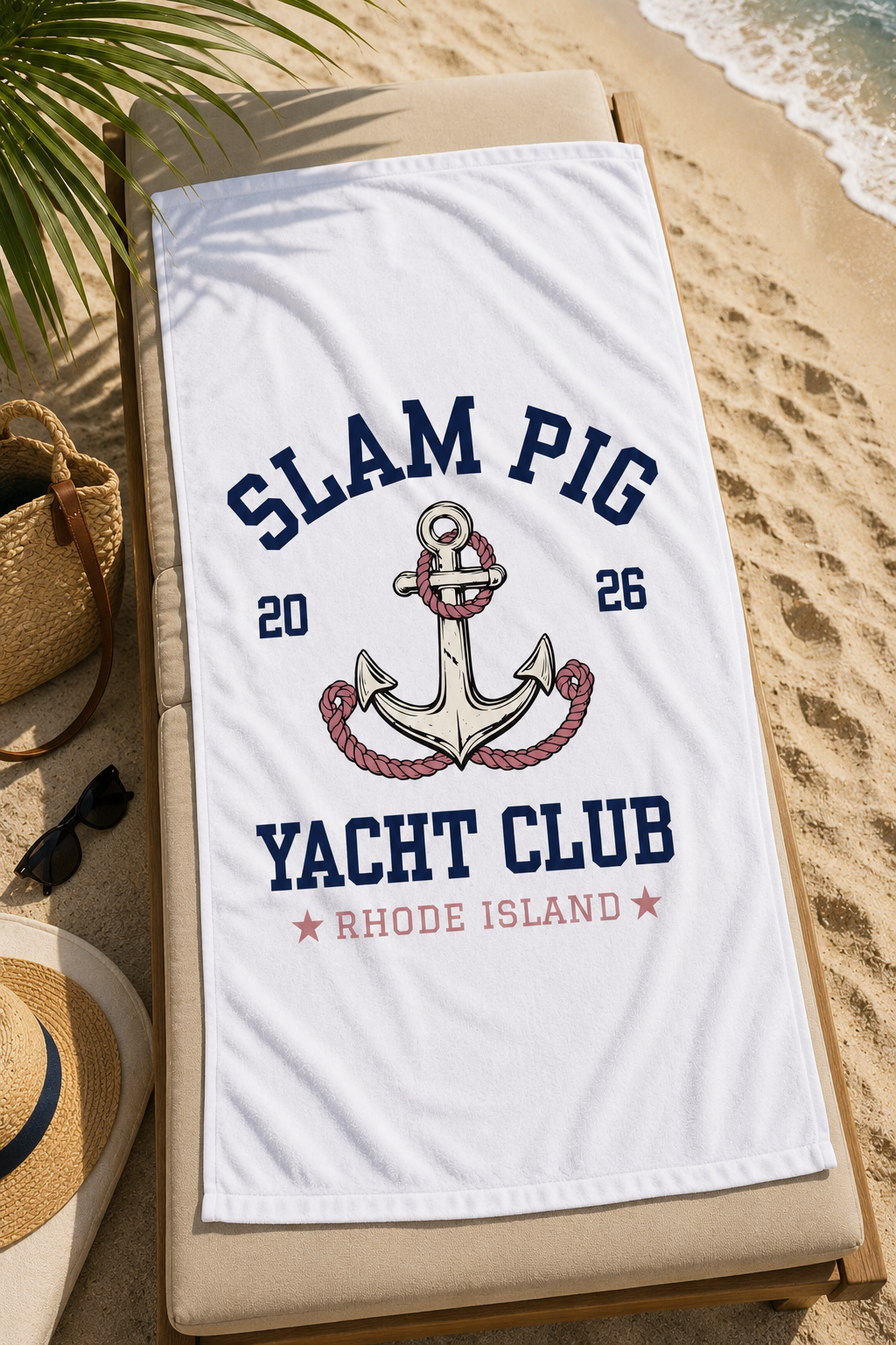 Slam Pig Yacht Club Towel, Rhode Island Yacht Club Towel, Coastal Pool Towel, Pink Navy Yacht Towel, Summer Vacation Gift, RHORI