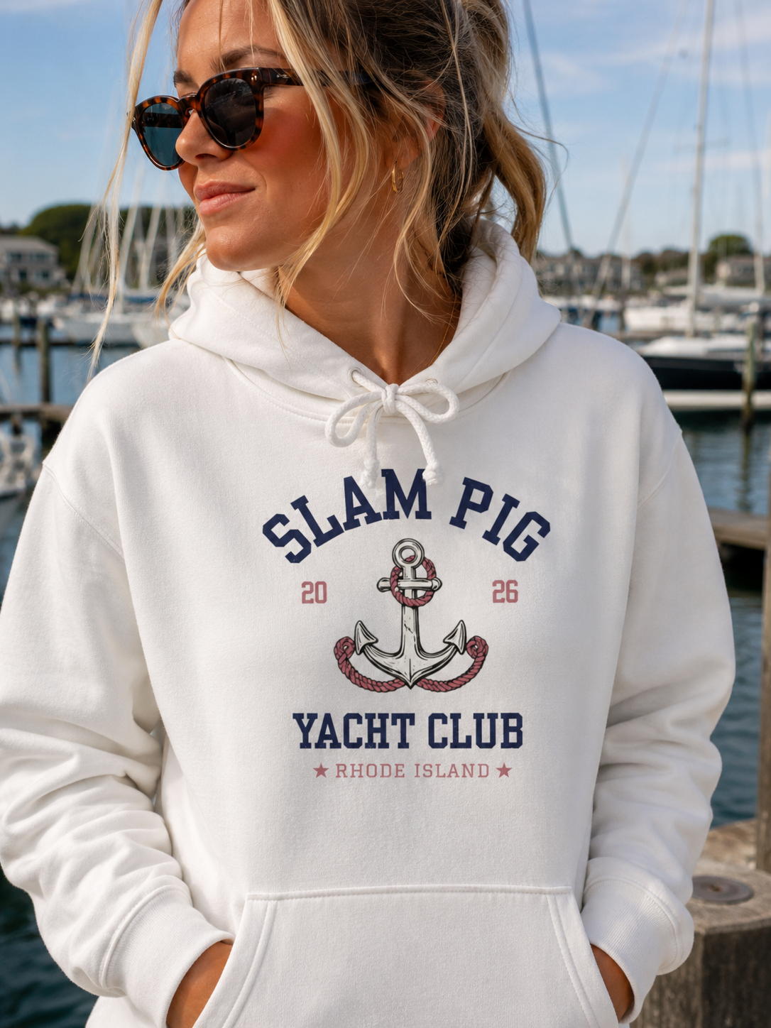 Slam Pig Yacht Club Hoodie | Rhode Island Nautical Sweatshirt | Coastal Anchor Hoodie | Funny Yacht Club Pullover | Unisex Hoodie