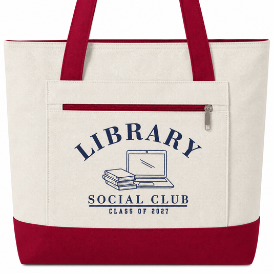 Class of 2027, Library Social Club Canvas Tote Bag, Zippered Book Lover Gift for Readers | Back to School | Personalize it!