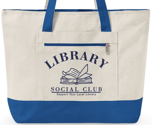 Support Your Local Library, Library Social Club Canvas Tote Bag, Zippered Book Lover Gift for Readers, Librarians, Teachers, Personalize it!