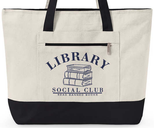 Read Banned Books, Library Social Club Canvas Tote Bag, Zippered Book Lover Gift for Readers, Librarians, Teachers, Personalize it!