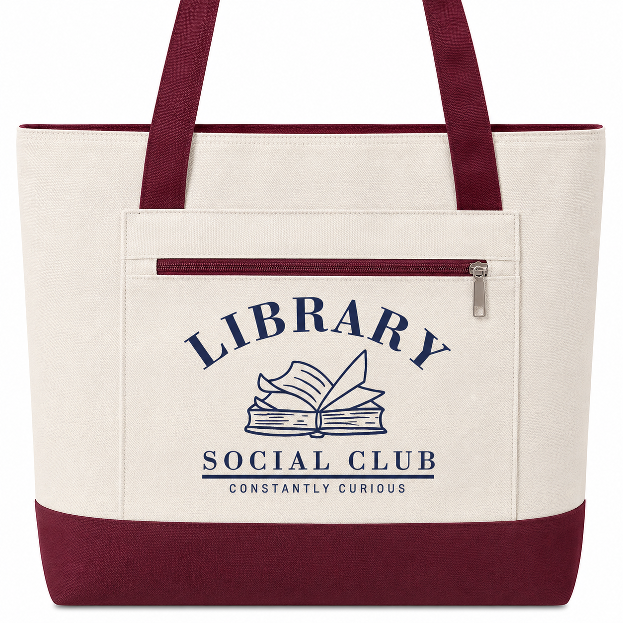 Constantly Curious, Library Social Club Canvas Tote Bag, Zippered Book Lover Gift for Readers, Librarians, Teachers, Personalize it!