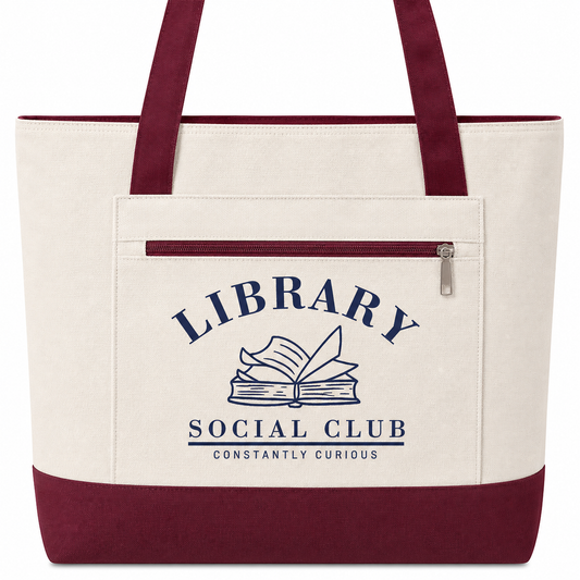 Constantly Curious, Library Social Club Canvas Tote Bag, Zippered Book Lover Gift for Readers, Librarians, Teachers, Personalize it!
