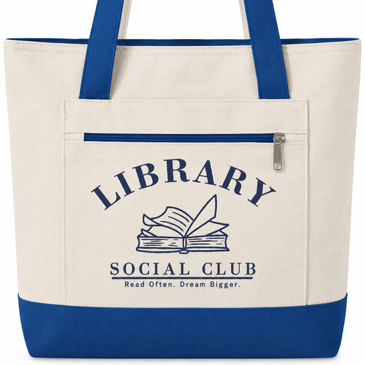 Read Often Dream Bigger, Library Social Club Canvas Tote Bag, Zippered Book Lover Gift for Readers, Librarians, Teachers