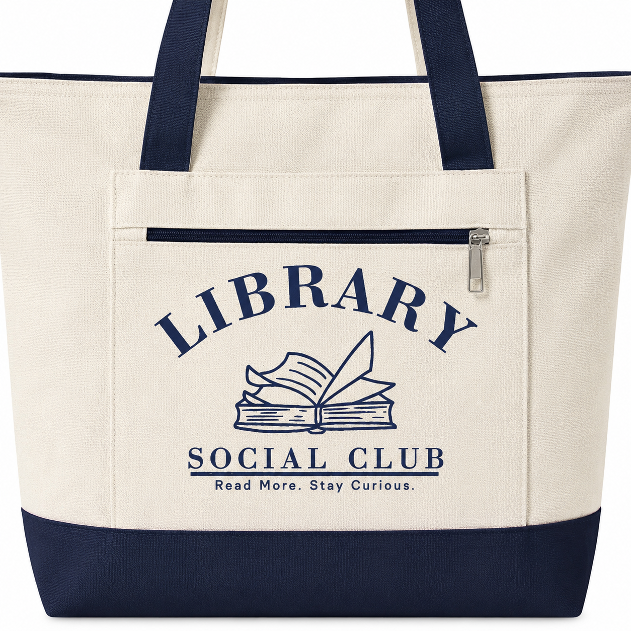 Read More Stay Curious, Library Social Club Canvas Tote Bag, Zippered Book Lover Gift for Readers, Librarians, Teachers