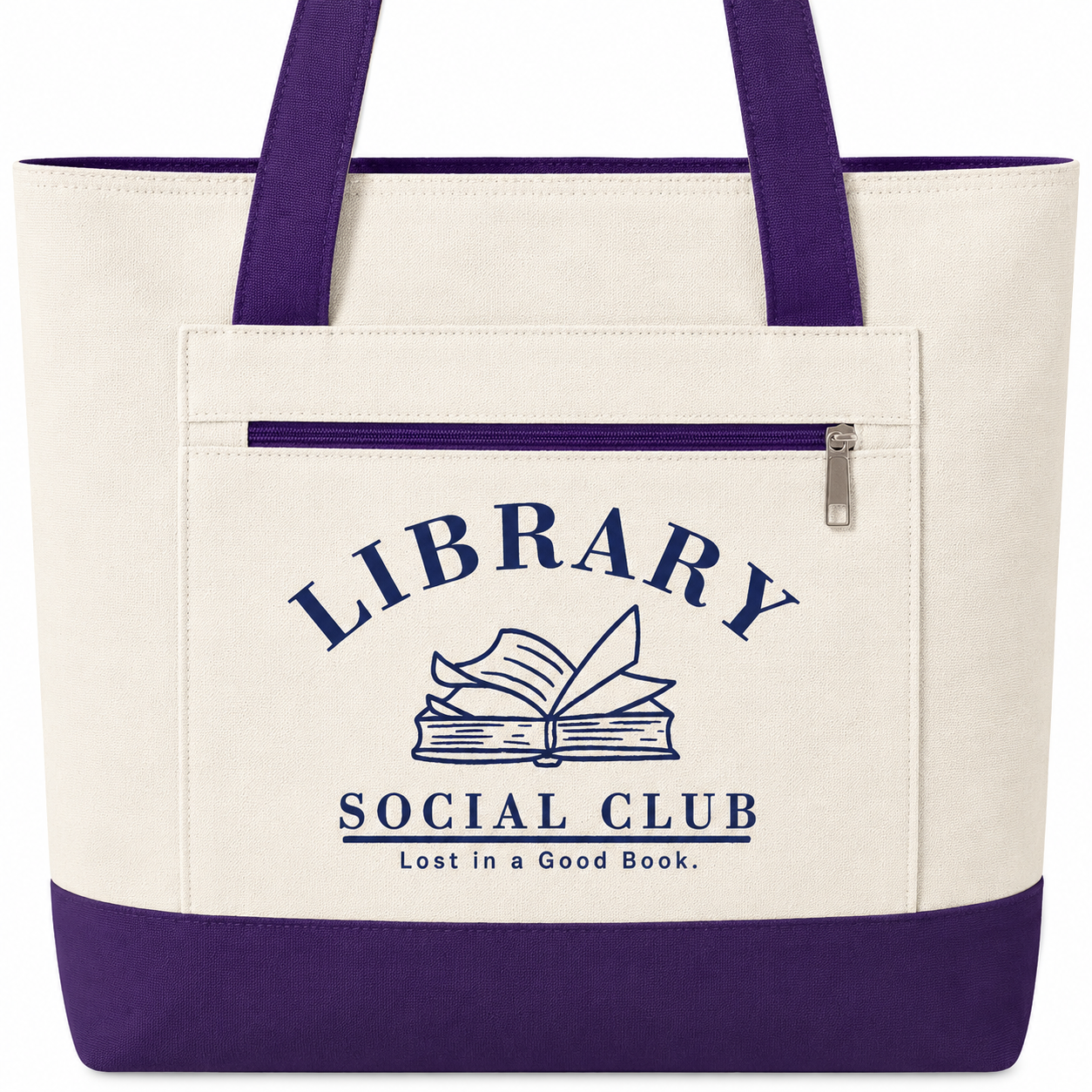 Lost in a Good Book, Library Social Club Canvas Tote Bag, Zippered Book Lover Gift for Readers, Librarians, Teachers, Personalize it!