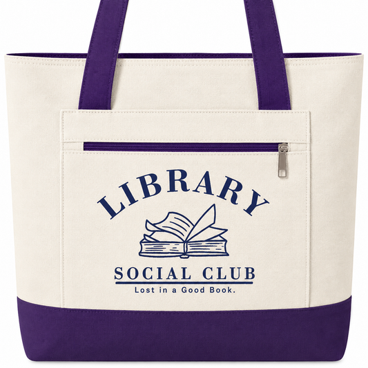 Lost in a Good Book, Library Social Club Canvas Tote Bag, Zippered Book Lover Gift for Readers, Librarians, Teachers, Personalize it!