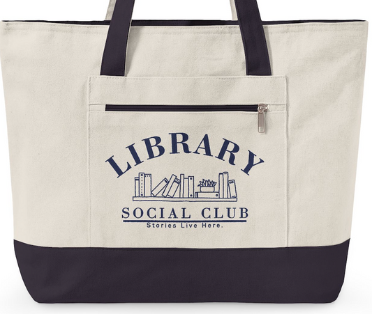 Stories Live Here, Library Social Club Canvas Tote Bag, Zippered Book Lover Gift for Readers, Librarians, Teachers, Personalize it!