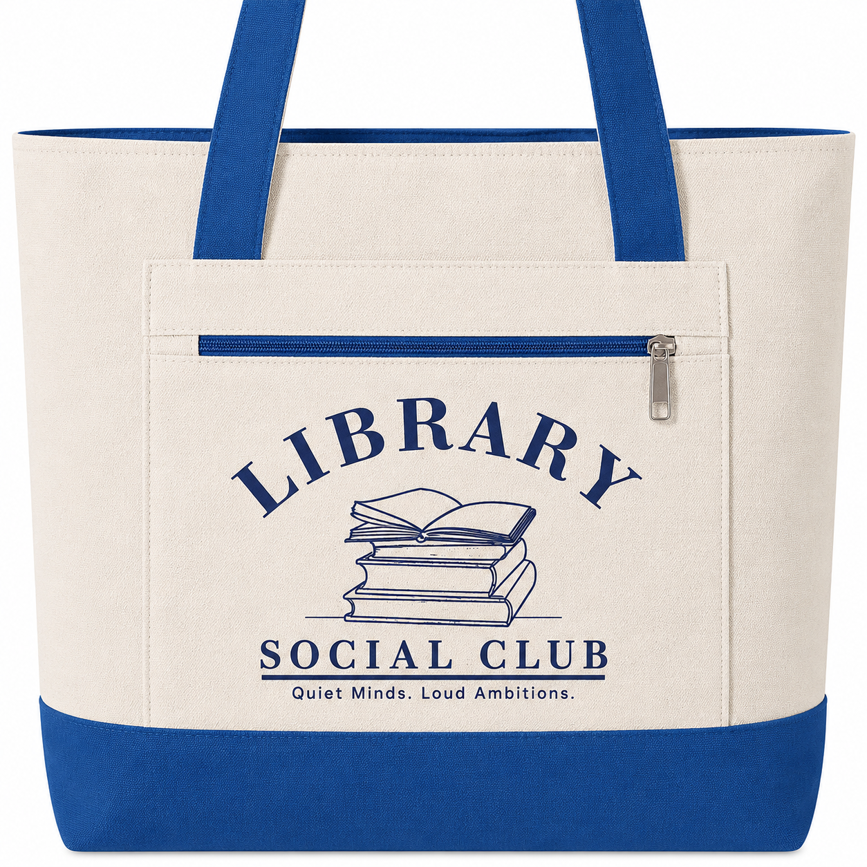 Quiet Minds Loud Ambitions, Library Social Club Canvas Tote Bag, Zippered Book Lover Gift for Readers, Librarians, Teachers, Personalize it!