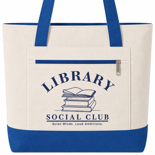 Quiet Minds Loud Ambitions, Library Social Club Canvas Tote Bag, Zippered Book Lover Gift for Readers, Librarians, Teachers, Personalize it!