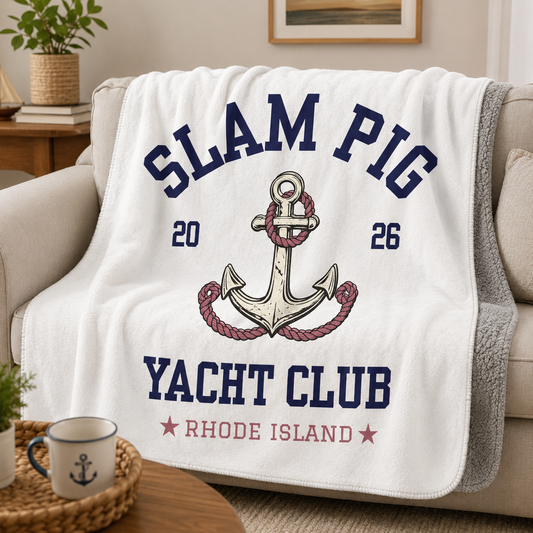 Slam Pig Yacht Club Sherpa Fleece Blanket, Coastal Throw Blanket, Nautical Blanket, Boat Blanket, Beach House Decor, Gift | RHORI