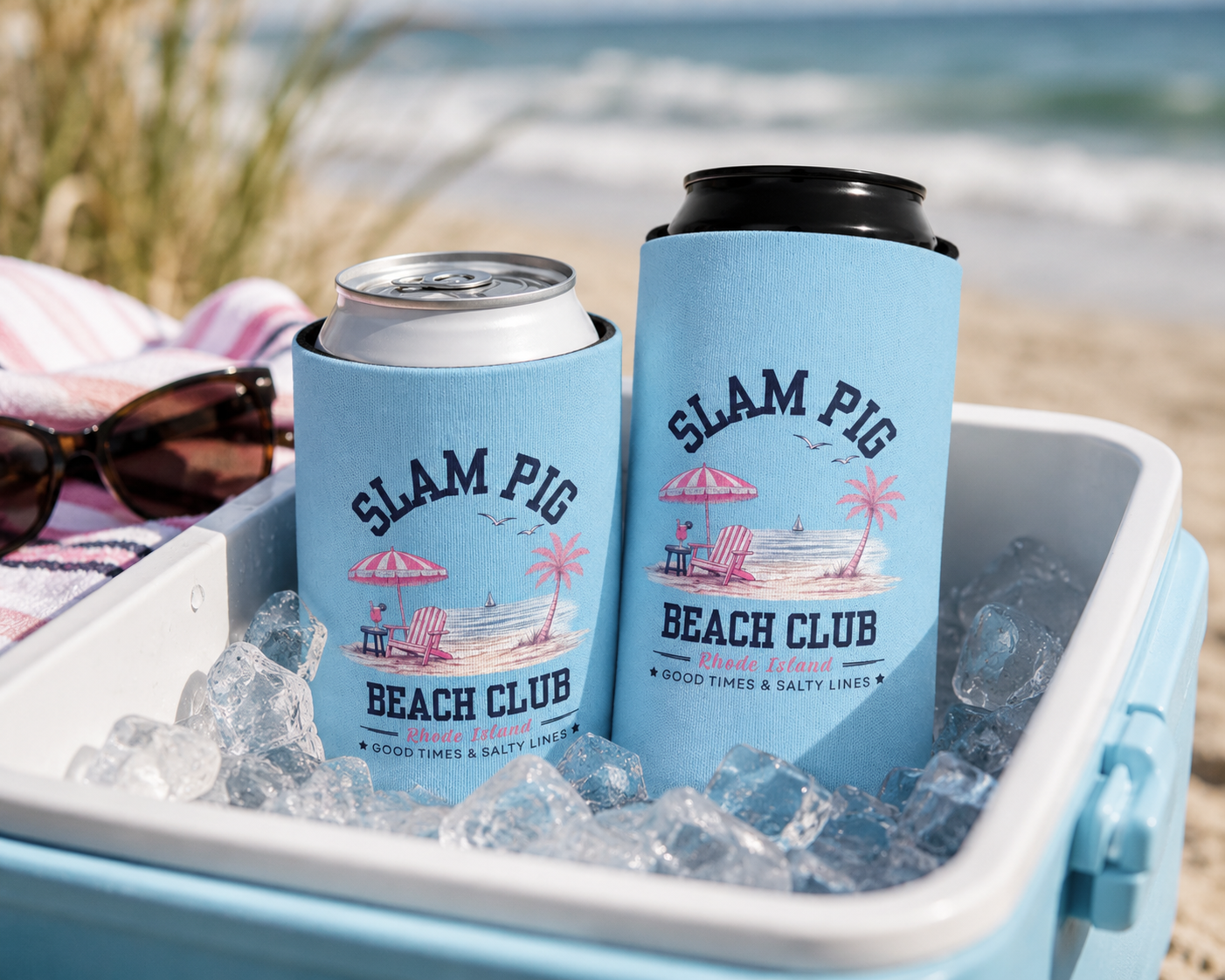 Slam Pig Beach Club Can Cooler, Rhode Island Drink Cooler, Beach Lover Gift, Slim & Regular Can Cooler, Coastal Summer Gift