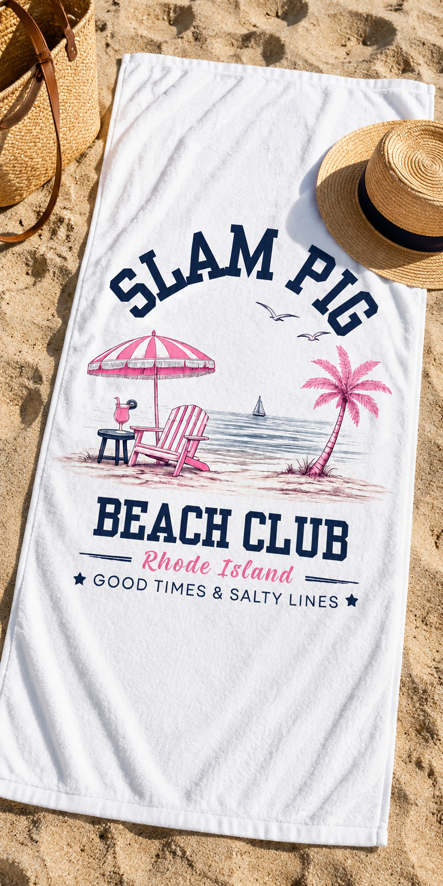 Slam Pig Beach Towel, Rhode Island Beach Club Towel, Coastal Pool Towel, Pink Navy Beach Towel, Summer Vacation Gift, RHORI