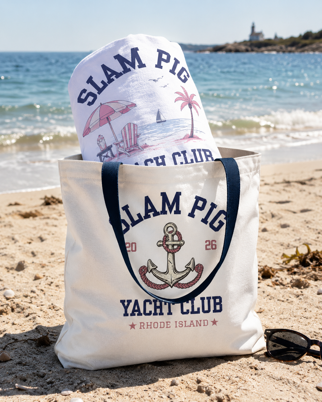 Slam Pig Beach Towel, Rhode Island Beach Club Towel, Coastal Pool Towel, Pink Navy Beach Towel, Summer Vacation Gift, RHORI