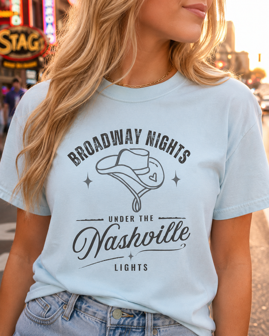 Broadway Nights Under the Nashville Lights Comfort Colors® T-Shirt | Nashville Country Music Tee | Broadway Street Shirt | Nashville Gift
