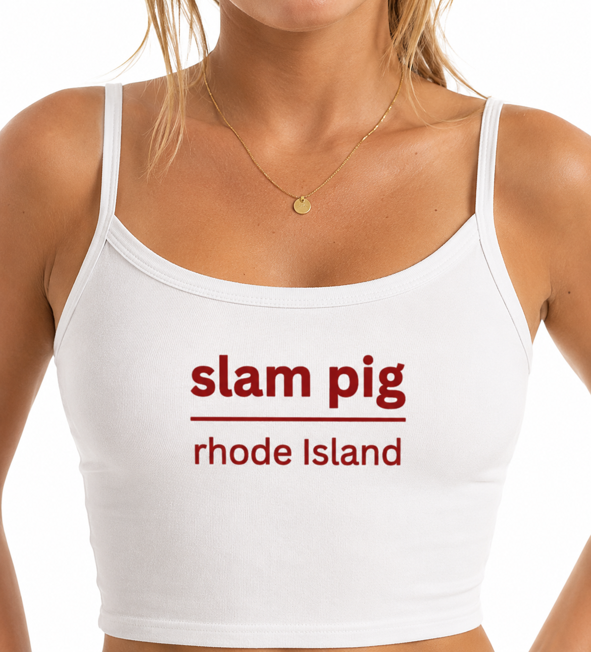 Slam Pig Rhode Island Y2K Baby Tee | Ironic Reality TV Slogan Crop Top | Trendy Red Text Graphic Tee