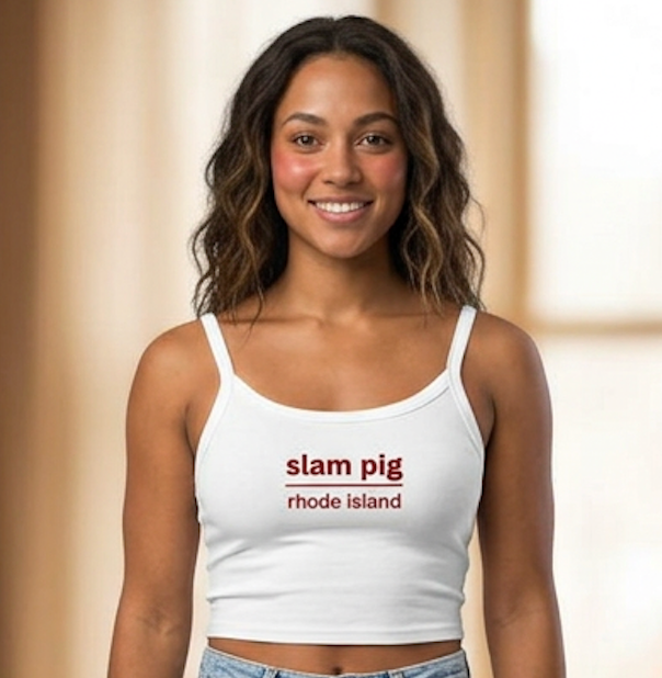 Slam Pig Rhode Island Y2K Baby Tee | Ironic Reality TV Slogan Crop Top | Trendy Red Text Graphic Tee