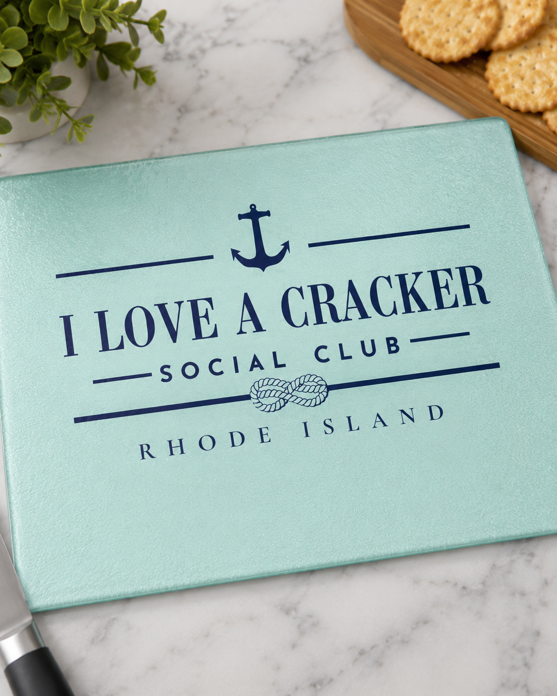 I Love a Cracker Social Club Glass Cutting Board | RHORI Rhode Island Kitchen Decor | Charcuterie Board Gift