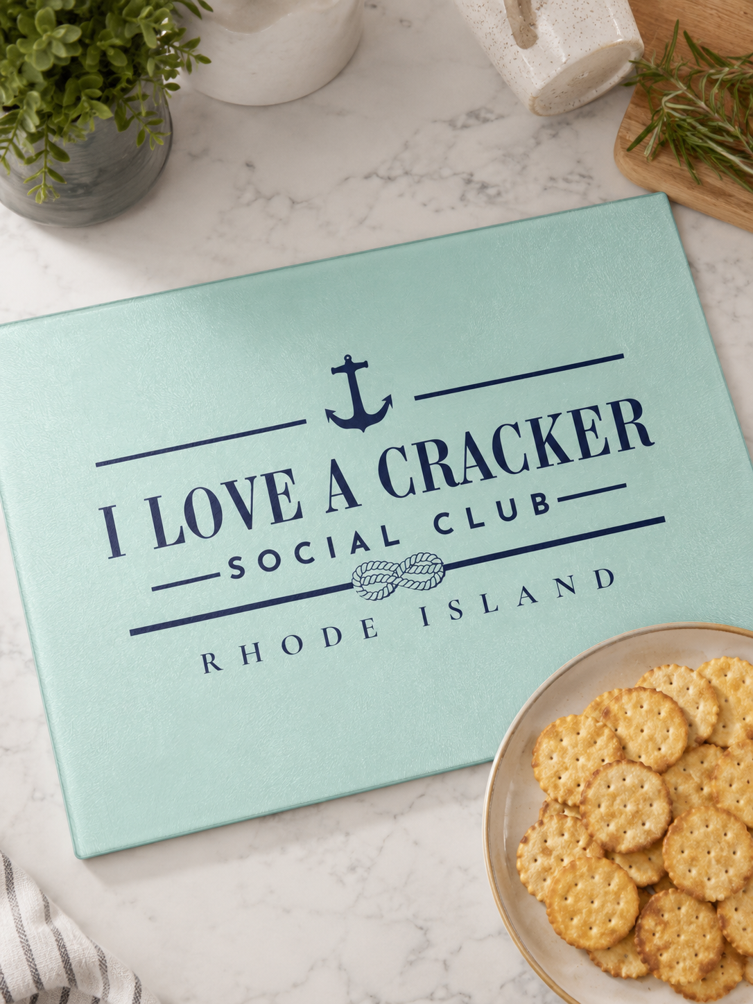 I Love a Cracker Social Club Glass Cutting Board | RHORI Rhode Island Kitchen Decor | Charcuterie Board Gift