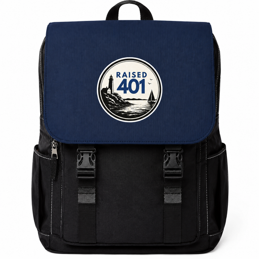 Raised 401 Backpack, Rhode Island Book Bag, Lighthouse Travel Pack, Coastal School Bag, Ocean State Laptop Carrier