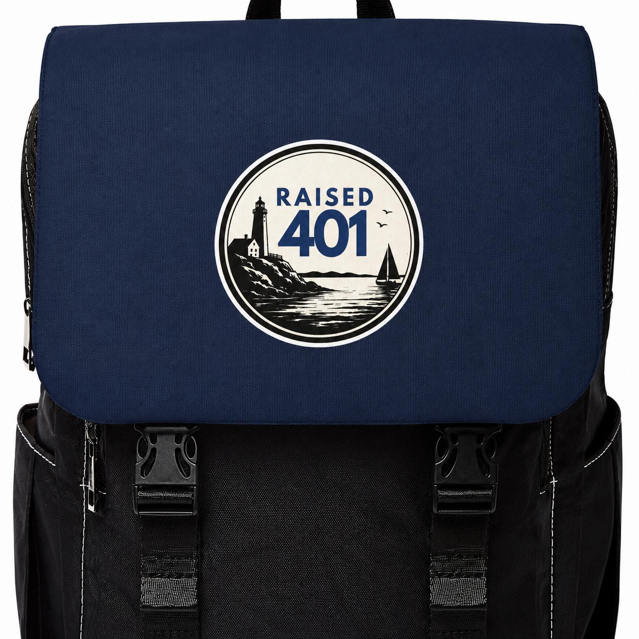 Raised 401 Backpack, Rhode Island Book Bag, Lighthouse Travel Pack, Coastal School Bag, Ocean State Laptop Carrier