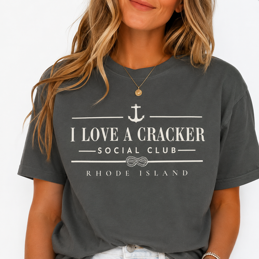 I Love a Cracker Social Club Shirt | Funny Rhode Island Shirt | Coastal Nautical Graphic Tee | New England Yacht Club Style | RHORI