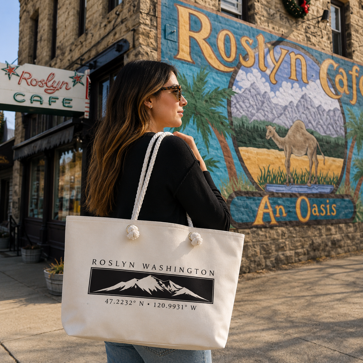 Roslyn Washington Canvas Tote, Mountain Town Market Bag, Pacific Northwest Gift