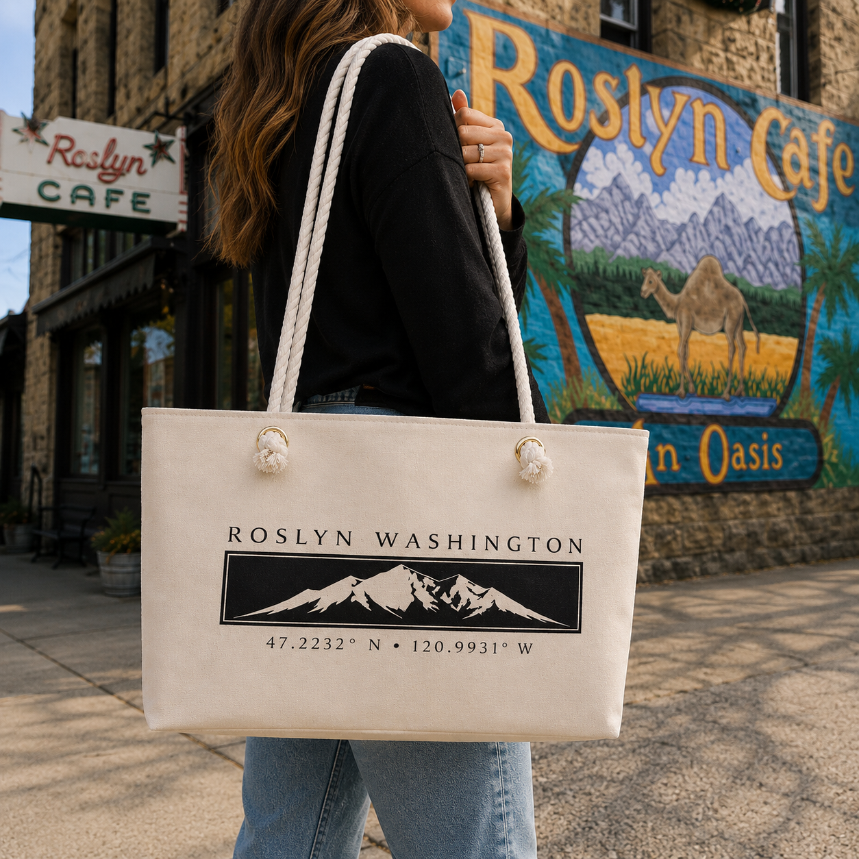 Roslyn Washington Canvas Tote, Mountain Town Market Bag, Pacific Northwest Gift