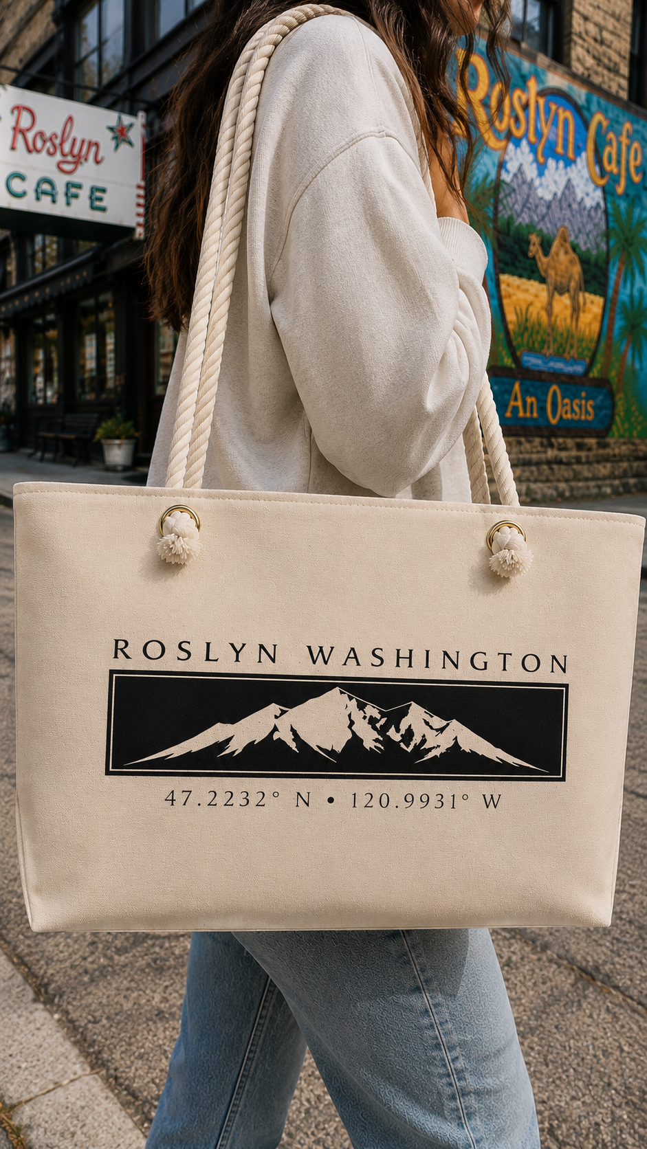 Roslyn Washington Canvas Tote, Mountain Town Market Bag, Pacific Northwest Gift
