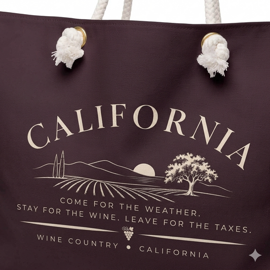 California Wine Country Tote Bag – Come for the Weather, Stay for the Wine, Leave for the Taxes | Two sided