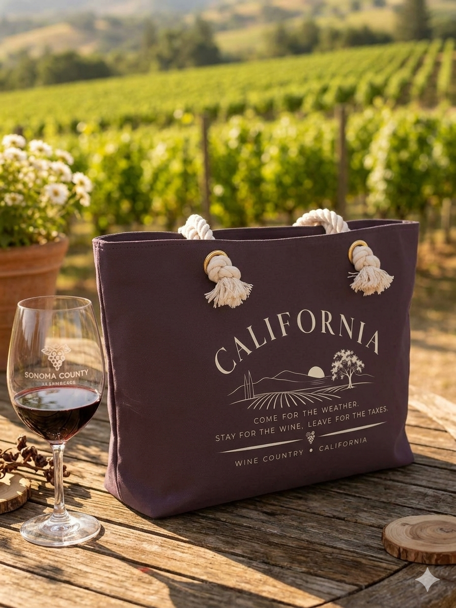 California Wine Country Tote Bag – Come for the Weather, Stay for the Wine, Leave for the Taxes | Two sided