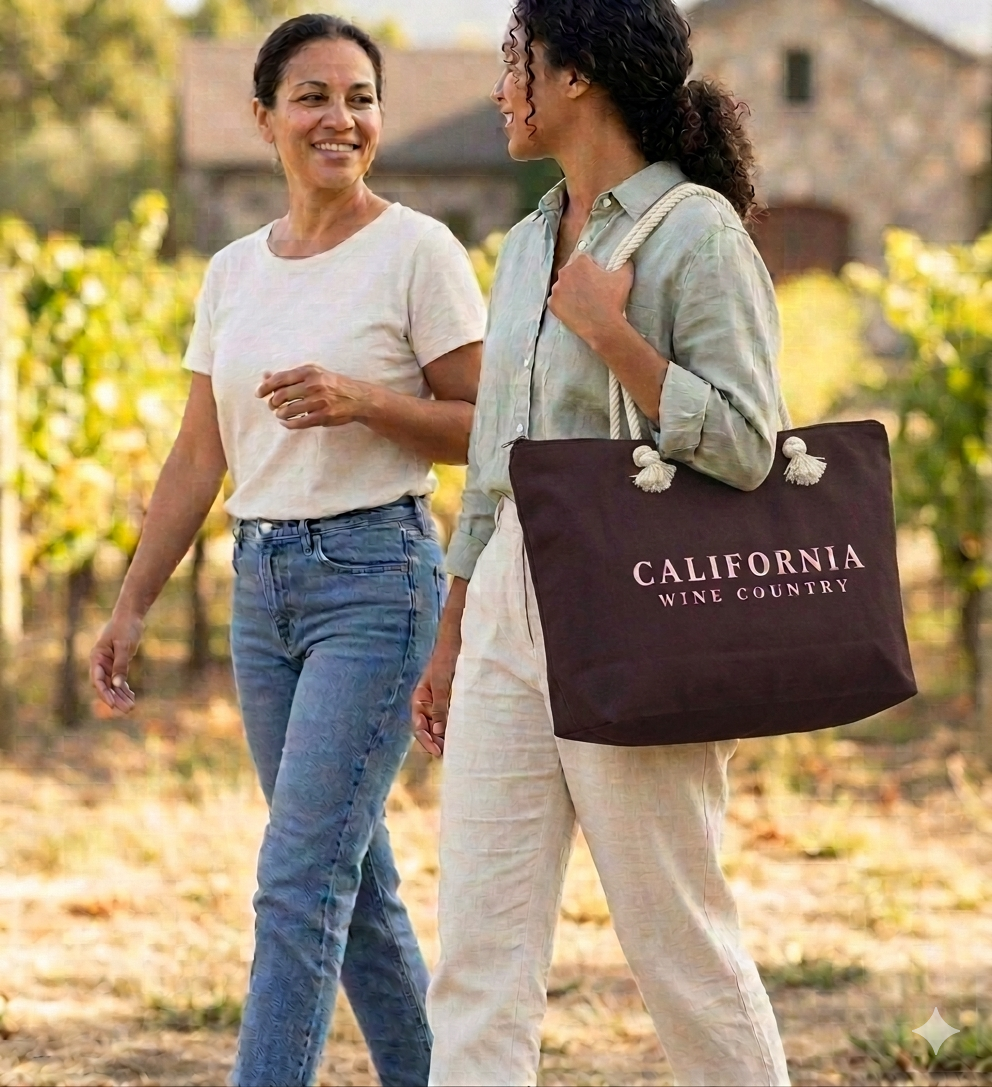 California Wine Country Tote Bag – Come for the Weather, Stay for the Wine, Leave for the Taxes | Two sided