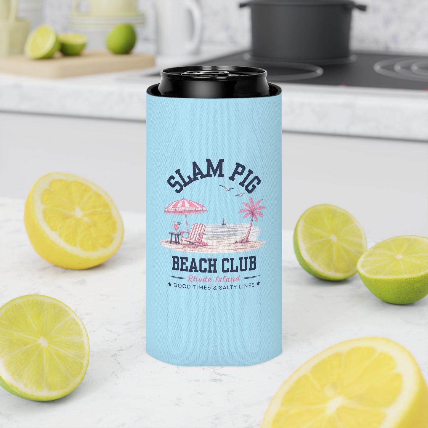 Slam Pig Beach Club Can Cooler, Rhode Island Drink Cooler, Beach Lover Gift, Slim & Regular Can Cooler, Coastal Summer Gift