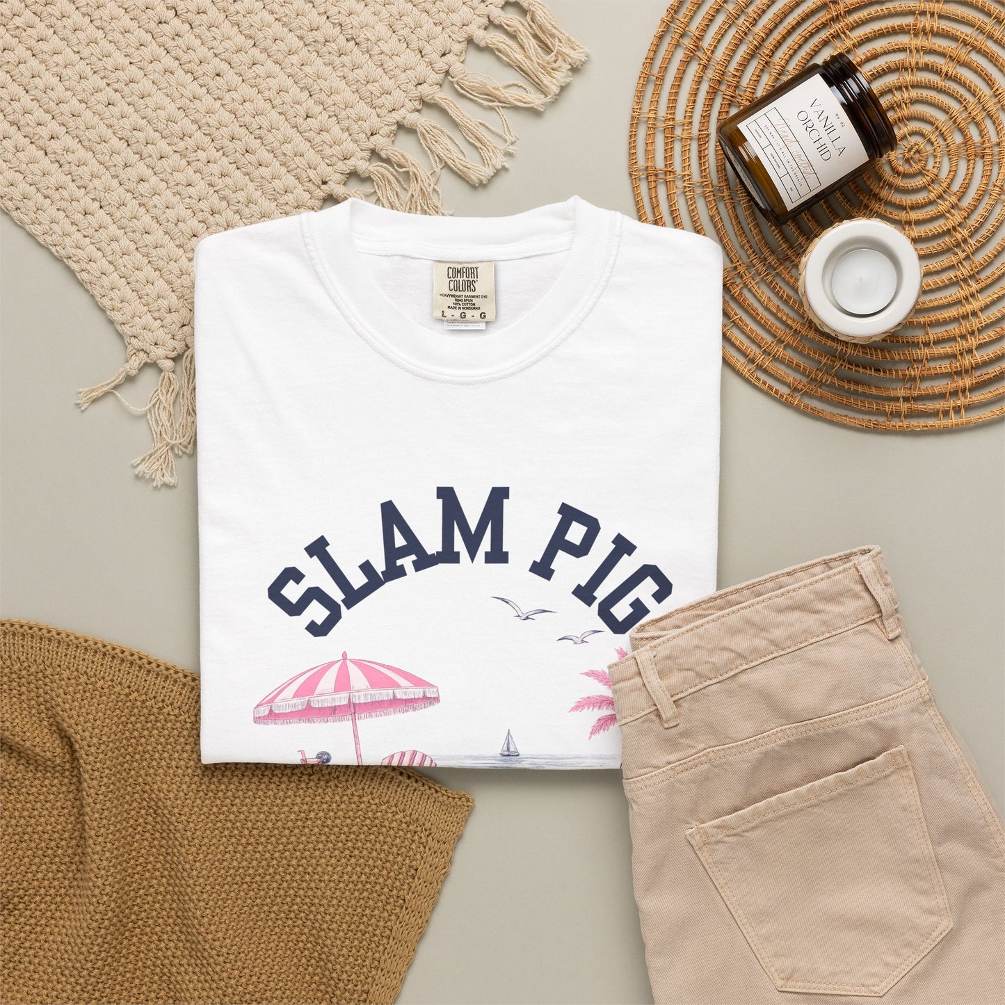 Slam Pig Beach Club Shirt, Rhode Island Beach Tee, Coastal Summer Shirt, Comfort Colors Chambray Graphic Tee, Nautical Gift, RHORI