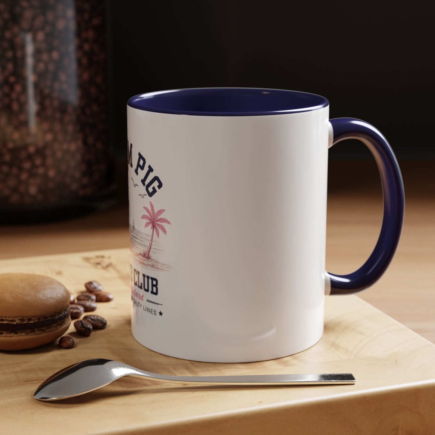Slam Pig Beach Club Mug | Rhode Island Coffee Mug | Coastal Beach Lover Gift | Nautical Pink & Navy Mug | Funny Vacation Mug | Ceramic Cup