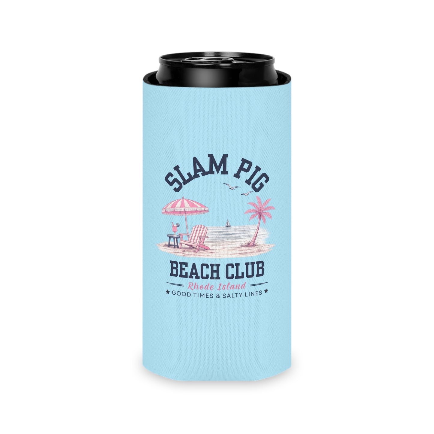 Slam Pig Beach Club Can Cooler, Rhode Island Drink Cooler, Beach Lover Gift, Slim & Regular Can Cooler, Coastal Summer Gift