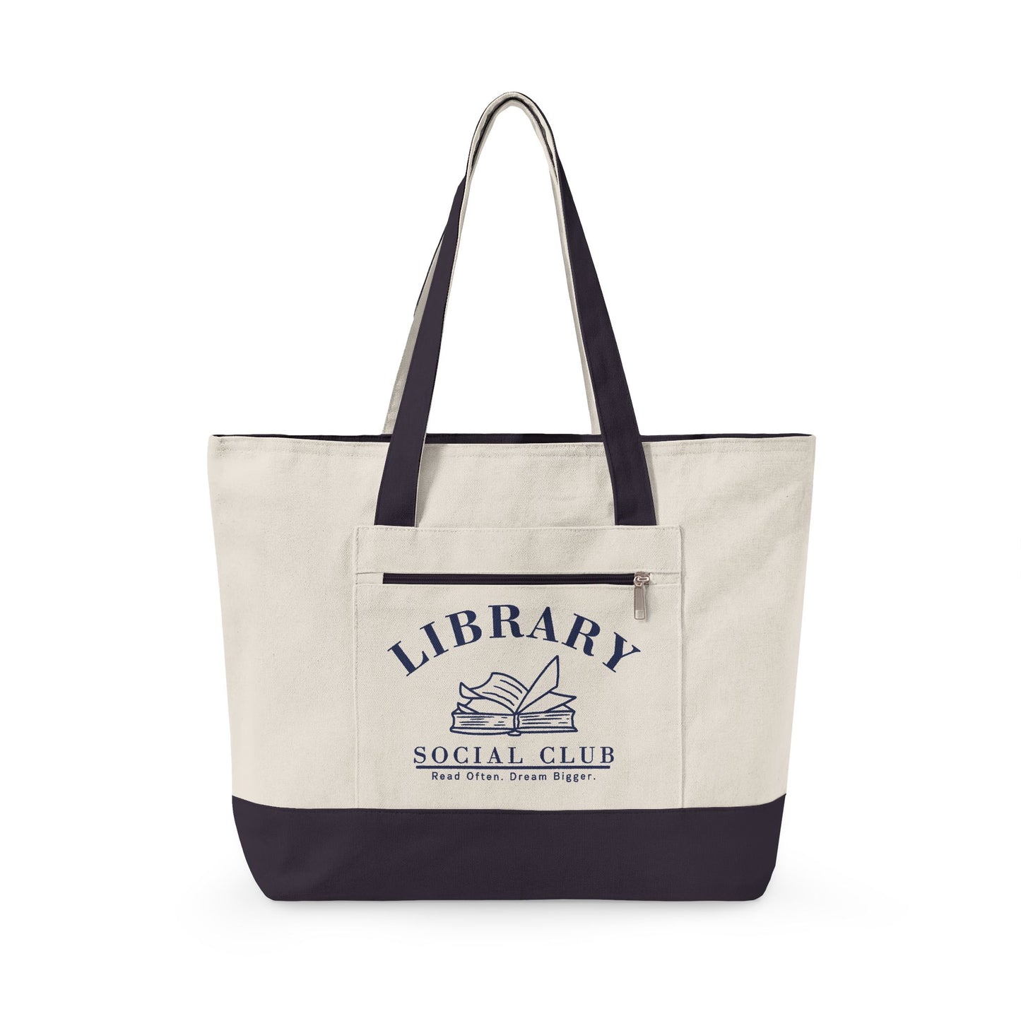 Read Often Dream Bigger, Library Social Club Canvas Tote Bag, Zippered Book Lover Gift for Readers, Librarians, Teachers