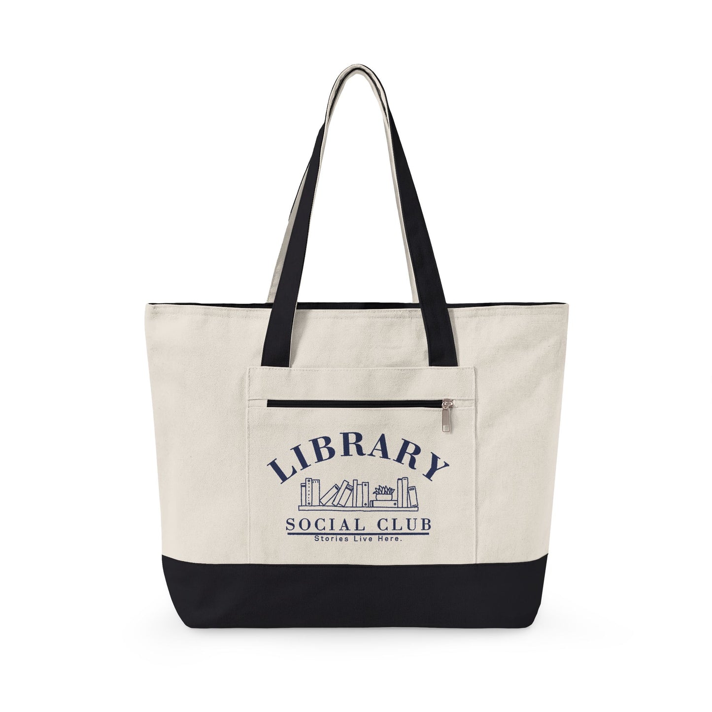 Stories Live Here, Library Social Club Canvas Tote Bag, Zippered Book Lover Gift for Readers, Librarians, Teachers, Personalize it!
