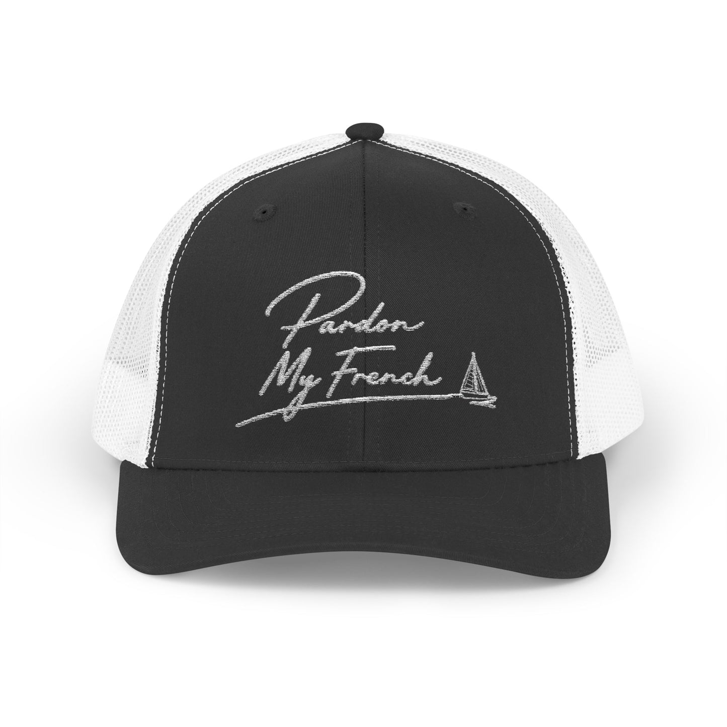 Pardon My French Trucker Cap | Script Sailboat Embroidered