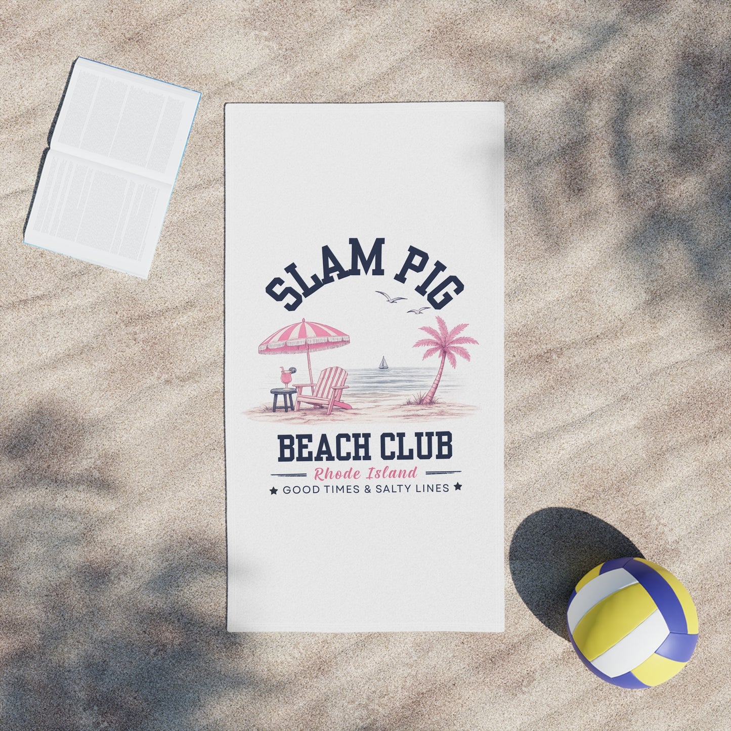 Slam Pig Beach Towel, Rhode Island Beach Club Towel, Coastal Pool Towel, Pink Navy Beach Towel, Summer Vacation Gift, RHORI