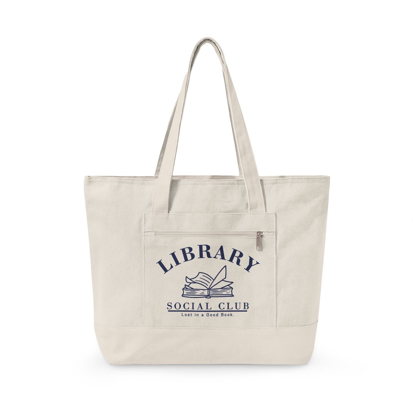 Lost in a Good Book, Library Social Club Canvas Tote Bag, Zippered Book Lover Gift for Readers, Librarians, Teachers, Personalize it!