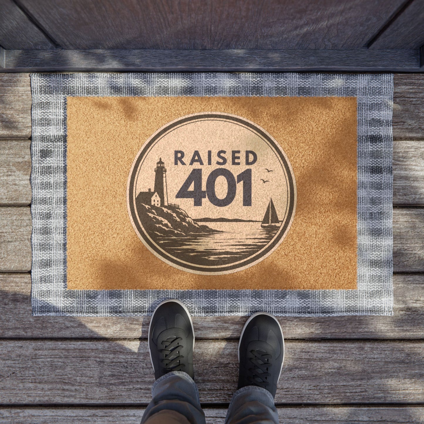 Rhode Island | Local Pride | Raised 401 Doormat | Coastal Lighthouse Sailboat Welcome Mat