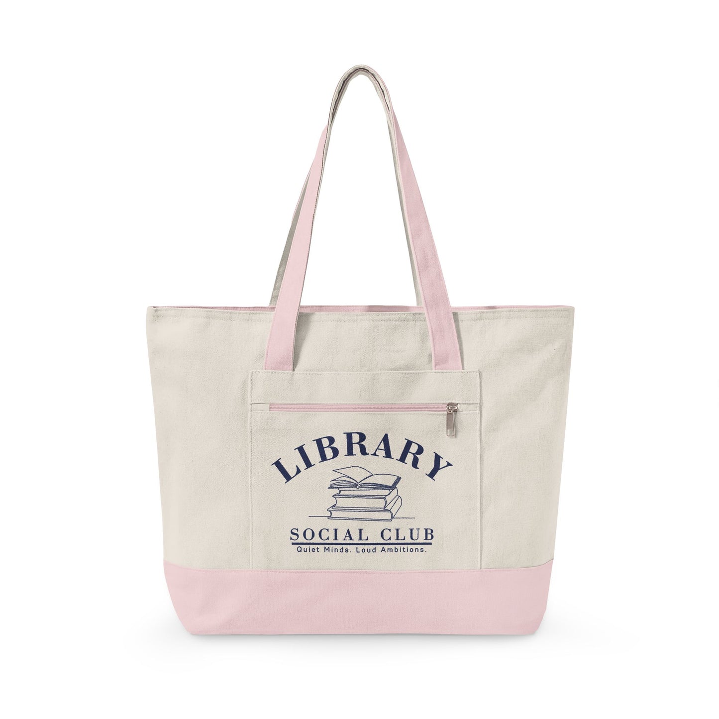 Quiet Minds Loud Ambitions, Library Social Club Canvas Tote Bag, Zippered Book Lover Gift for Readers, Librarians, Teachers, Personalize it!
