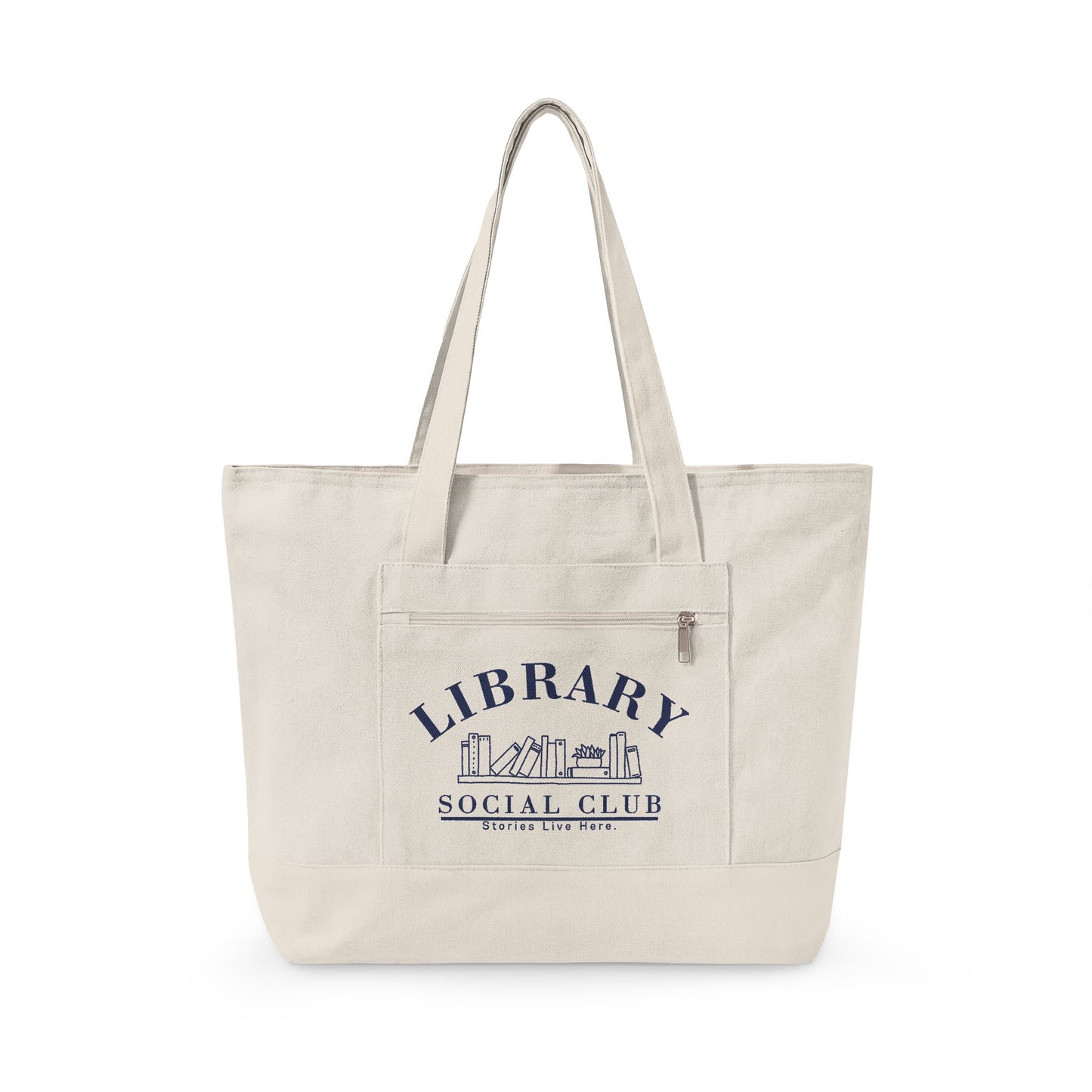 Stories Live Here, Library Social Club Canvas Tote Bag, Zippered Book Lover Gift for Readers, Librarians, Teachers, Personalize it!
