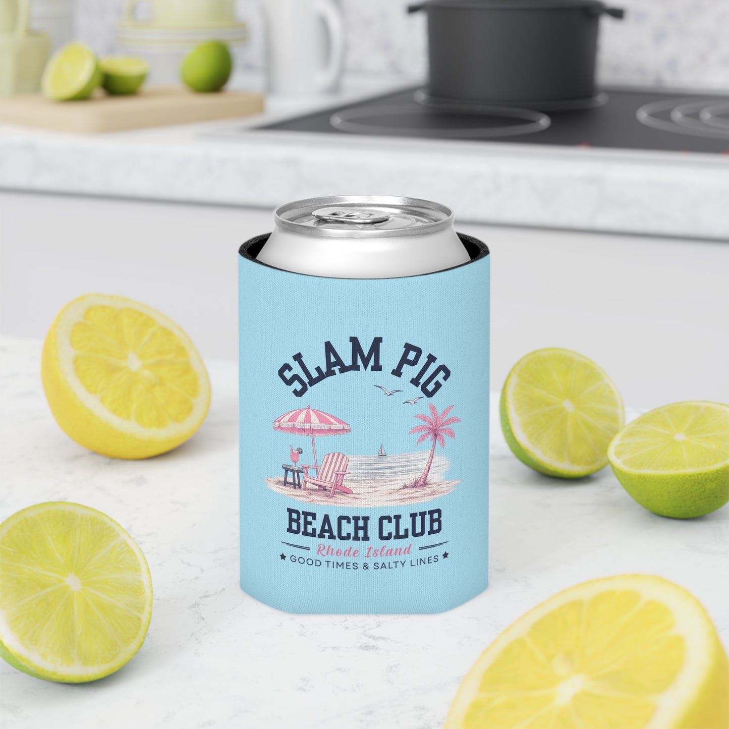 Slam Pig Beach Club Can Cooler, Rhode Island Drink Cooler, Beach Lover Gift, Slim & Regular Can Cooler, Coastal Summer Gift