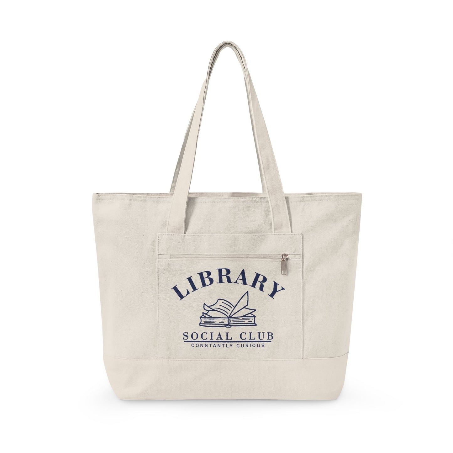 Constantly Curious, Library Social Club Canvas Tote Bag, Zippered Book Lover Gift for Readers, Librarians, Teachers, Personalize it!