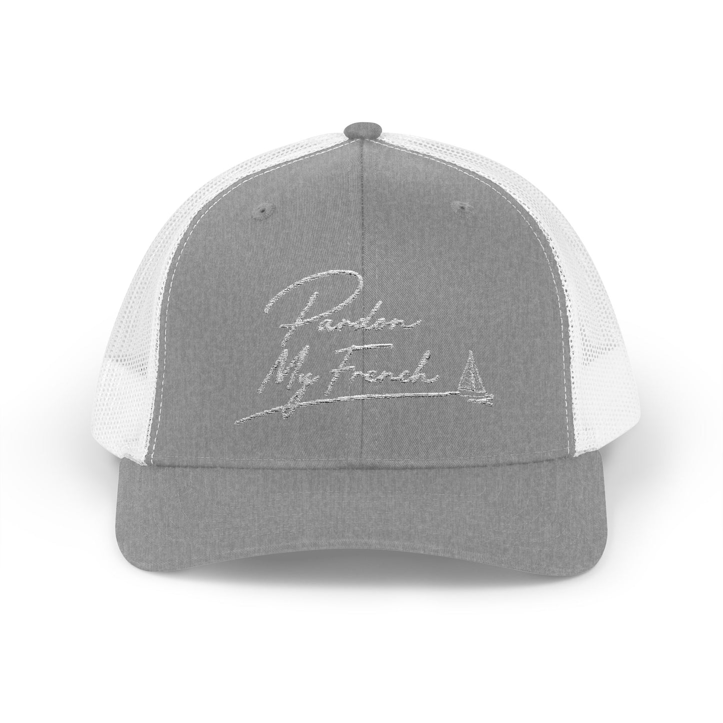 Pardon My French Trucker Cap | Script Sailboat Embroidered