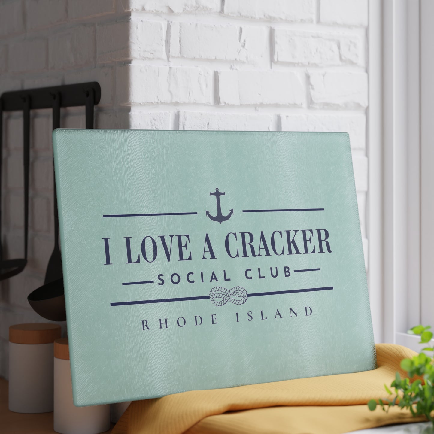 I Love a Cracker Social Club Glass Cutting Board | RHORI Rhode Island Kitchen Decor | Charcuterie Board Gift