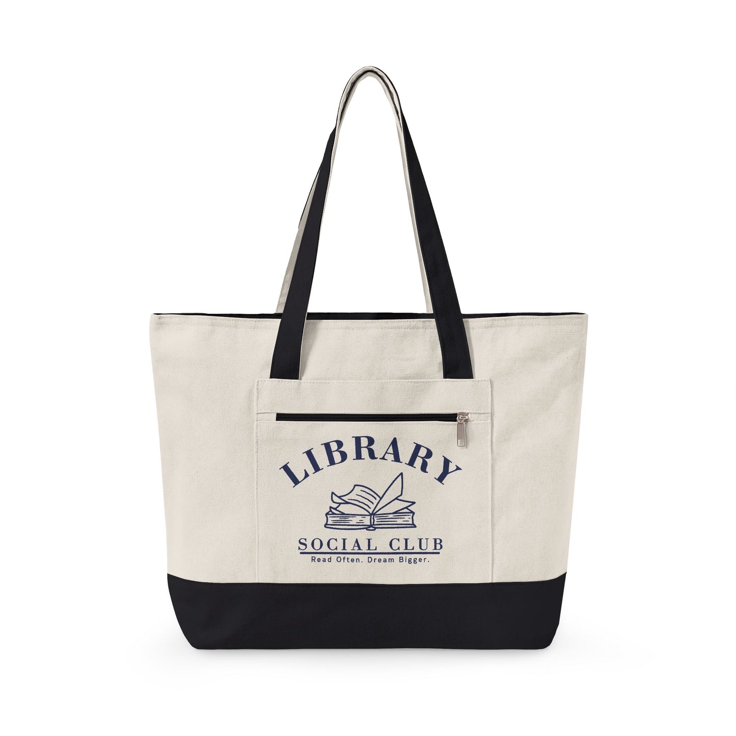 Read Often Dream Bigger, Library Social Club Canvas Tote Bag, Zippered Book Lover Gift for Readers, Librarians, Teachers