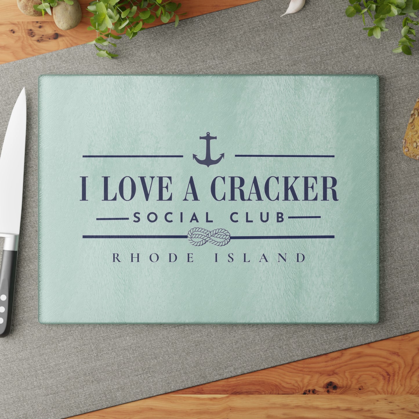 I Love a Cracker Social Club Glass Cutting Board | RHORI Rhode Island Kitchen Decor | Charcuterie Board Gift